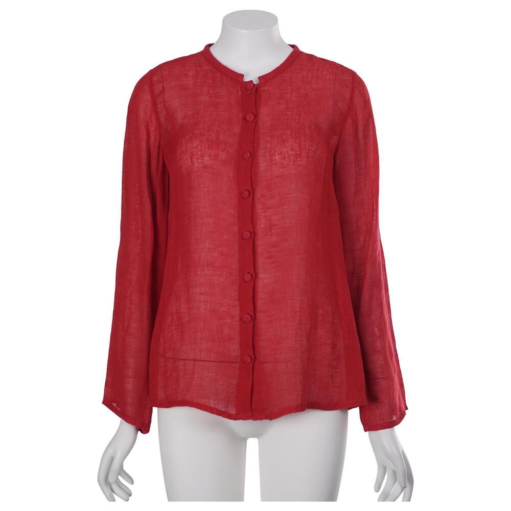 Eileen Fisher Top PP Petite Red Linen Sheer Lightweight Button Up Long Sleeve